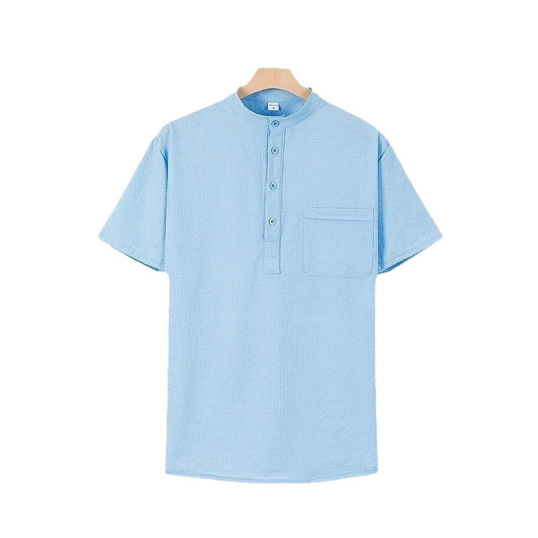 Buddha Stones無地ポロ チェック柄 ハーフボタン メンズ 半袖シャツ - ライトスカイブルー - US/UK/AU46、 EU56 (3XL) - image 0