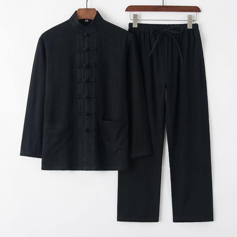 Buddha Stones 2点セット 唐装 カエルボタン 長袖シャツ パンツ リネンコットン メンズセット - 黒 - US/UK/AU44、 EU54 (4XL) - image 12