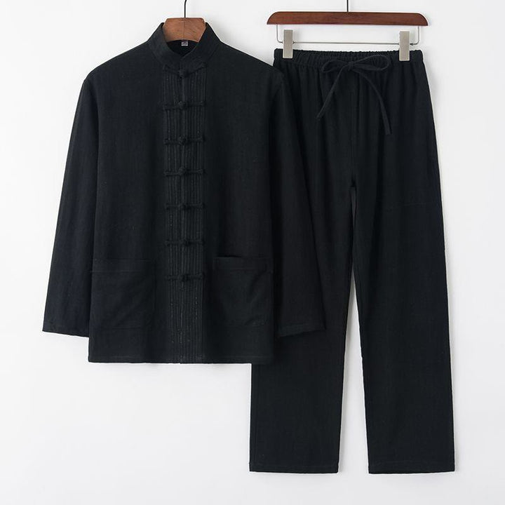 Buddha Stones 2点セット 唐装 カエルボタン 長袖シャツ パンツ リネンコットン メンズセット - 黒 - US/UK/AU44、 EU54 (4XL) - image 12