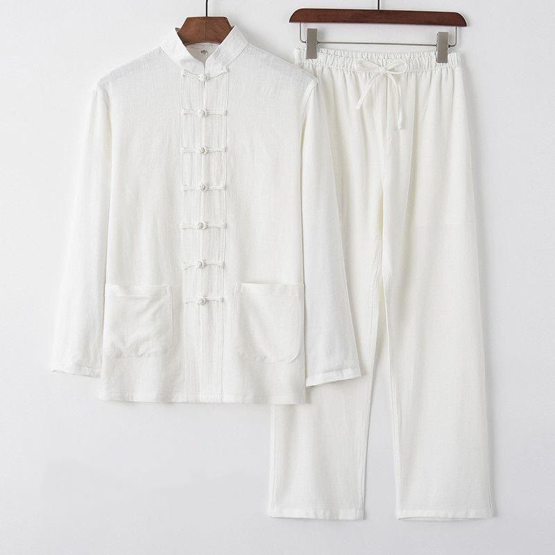 Buddha Stones 2点セット 唐装 カエルボタン 長袖シャツ パンツ リネンコットン メンズセット - 白 - US/UK/AU44、 EU54 (4XL) - image 10