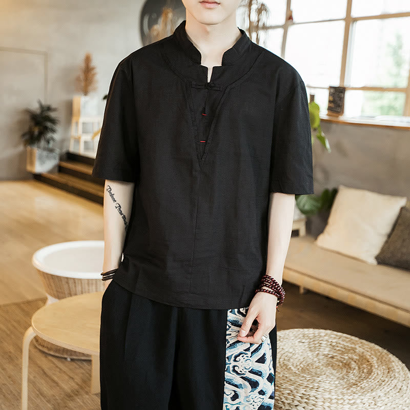 Buddha Stones夏 無地 フロッグボタン ノッチネック メンズ 半袖 コットンシャツ - 黒 - US/UK/AU46、 EU56 (5XL) - image 3