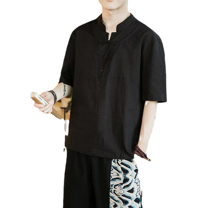 Buddha Stones夏 無地 フロッグボタン ノッチネック メンズ 半袖 コットンシャツ - image 4