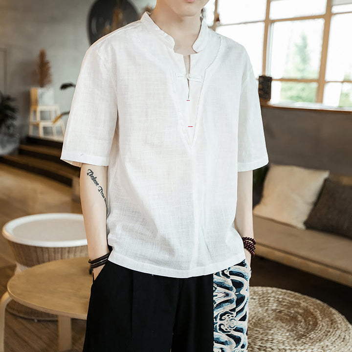 Buddha Stones夏 無地 フロッグボタン ノッチネック メンズ 半袖 コットンシャツ - 白 - US/UK/AU46、 EU56 (5XL) - image 0