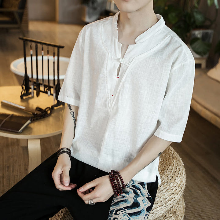 Buddha Stones夏 無地 フロッグボタン ノッチネック メンズ 半袖 コットンシャツ - image 2