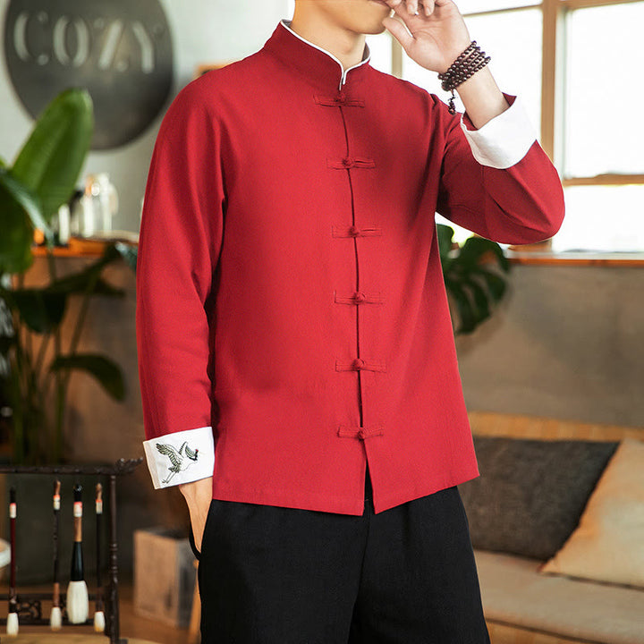 Buddha Stones唐装カエルボタン鶴刺繍長袖コットンメンズシャツ - 赤 - US/UK/AU46、 EU56 (5XL) - image 0