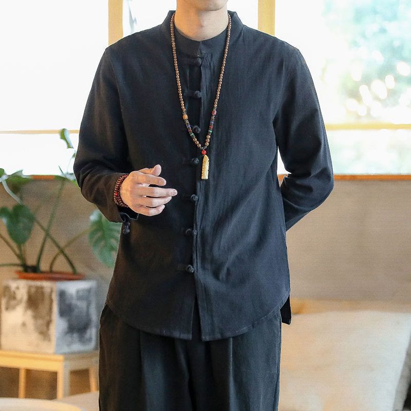 Buddha Stonesカジュアルスタンドカラーカエルボタン長袖唐装メンズシャツ - 黒 - US/UK/AU46、 EU56 (5XL) - image 6