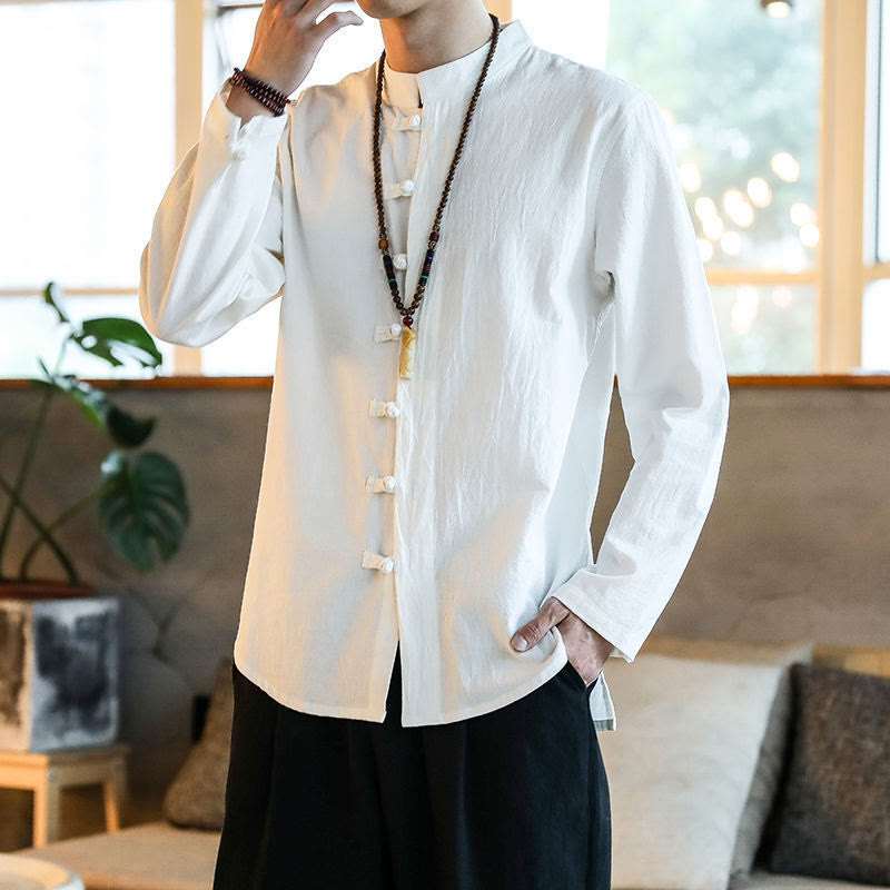Buddha Stonesカジュアル スタンドカラー フロッグボタン 長袖 タンスーツ リネン メンズシャツ - 白 - US/UK/AU46、 EU56 (5XL) - image 0
