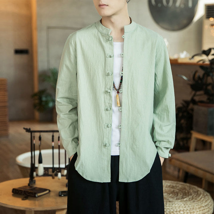 Buddha Stonesカジュアル スタンドカラー フロッグボタン 長袖 タンスーツ リネン メンズシャツ - ミントクリーム - US/UK/AU46、 EU56 (5XL) - image 12