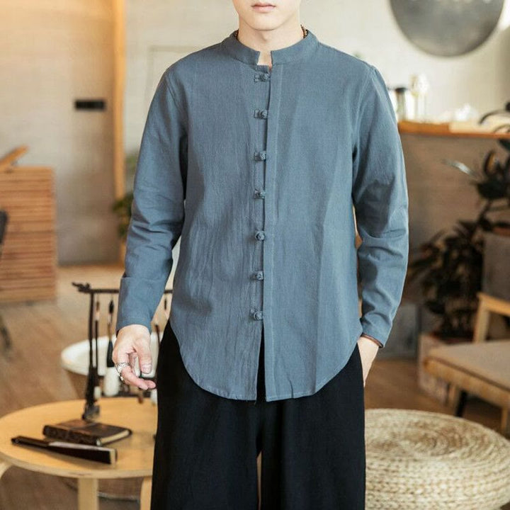 Buddha Stonesカジュアルスタンドカラーカエルボタン長袖唐装メンズシャツ - 薄暗い灰色 - US/UK/AU46、 EU56 (5XL) - image 10