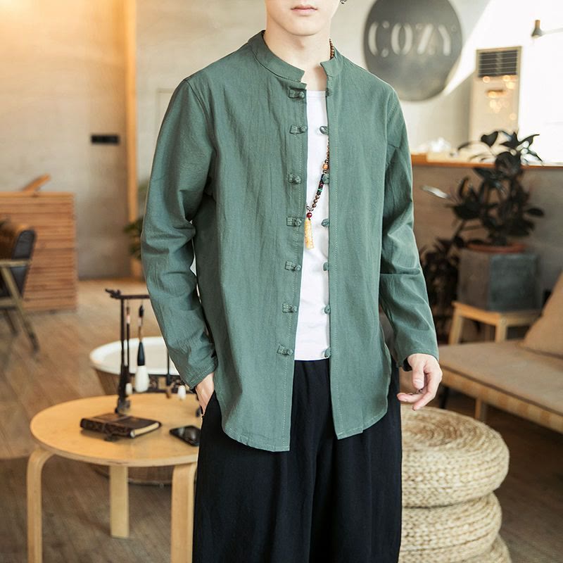 Buddha Stonesカジュアル スタンドカラー フロッグボタン 長袖 タンスーツ リネン メンズシャツ - ダークシーグリーン - US/UK/AU46、 EU56 (5XL) - image 16