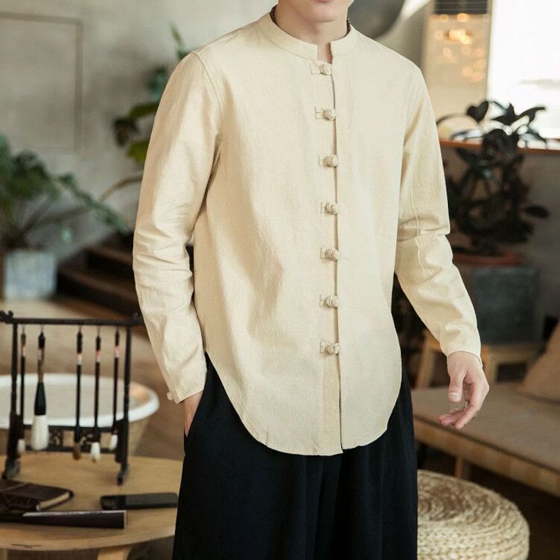 Buddha Stonesカジュアル スタンドカラー フロッグボタン 長袖 タンスーツ リネン メンズシャツ - ベージュ - US/UK/AU46、 EU56 (5XL) - image 11