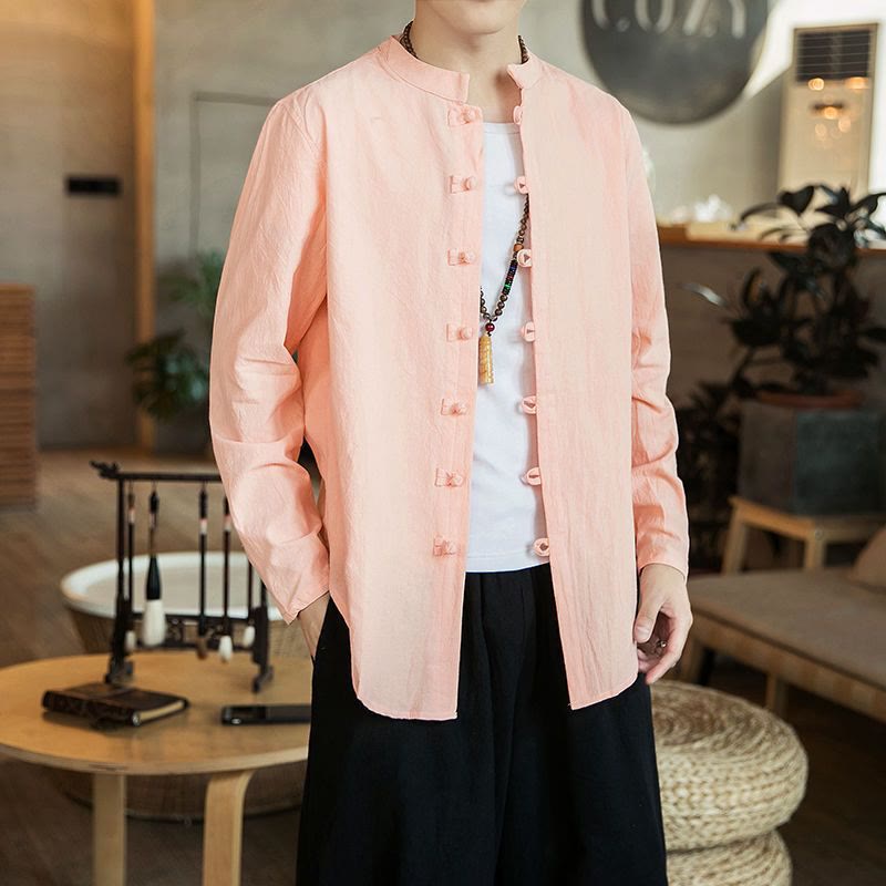 Buddha Stonesカジュアル スタンドカラー フロッグボタン 長袖 タンスーツ リネン メンズシャツ - ライトピンク - US/UK/AU46、 EU56 (5XL) - image 13