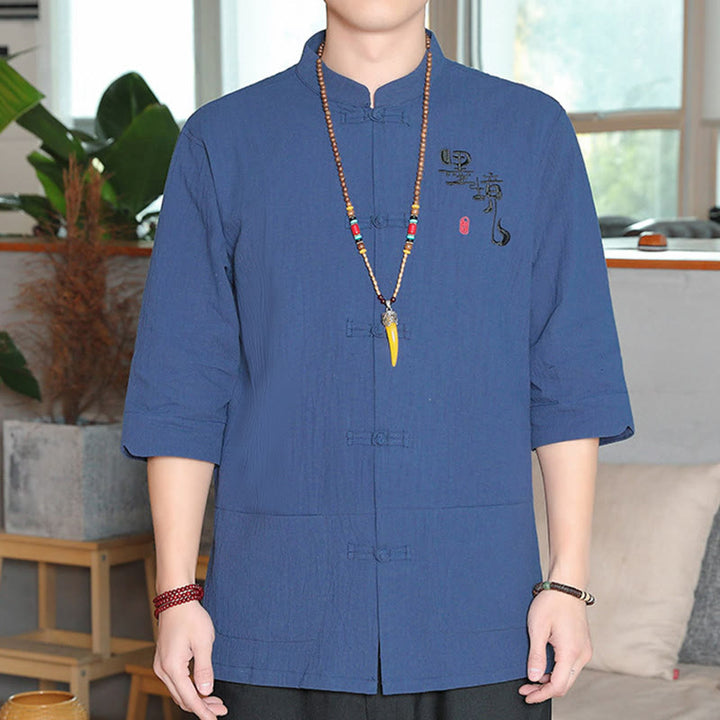 Buddha Stonesカエルボタン 中国唐装 七分袖 コットンリネン メンズシャツ