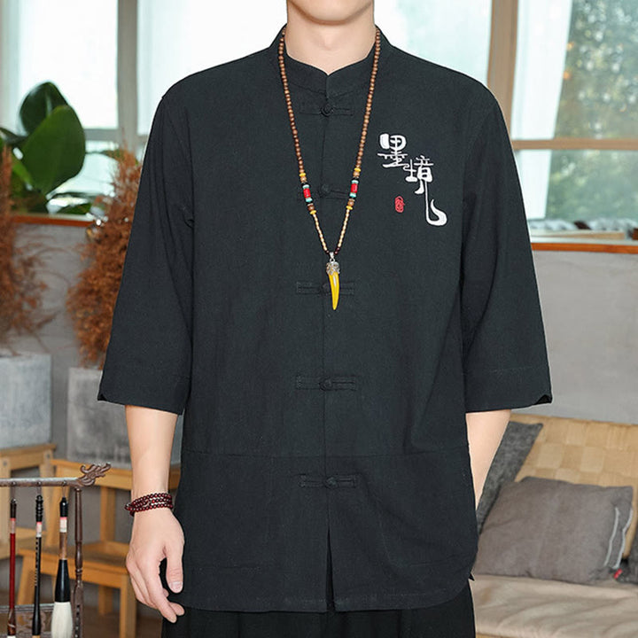 Buddha Stonesカエルボタン 中国唐装 七分袖 コットンリネン メンズシャツ