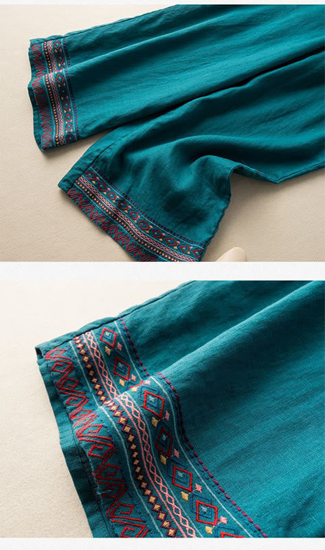 Buddha Stonesカジュアル刺繍 ボヘミアン柄 ドローストリング コットンリネン レディース ワイドレッグパンツ ポケット付き - image 7