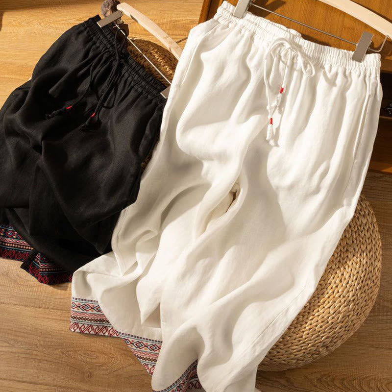 Buddha Stonesカジュアル刺繍 ボヘミアン柄 ドローストリング コットンリネン レディース ワイドレッグパンツ ポケット付き - image 17