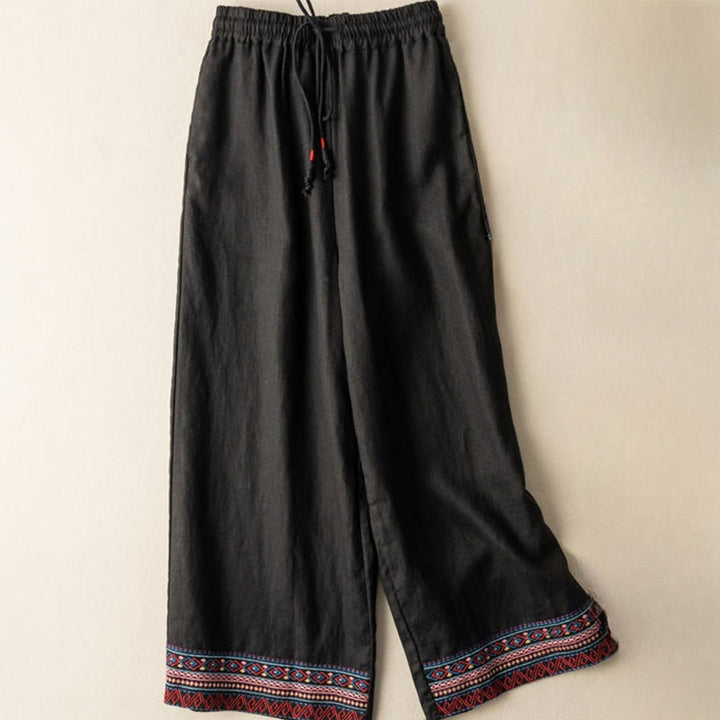 Buddha Stonesカジュアル刺繍 ボヘミアン柄 ドローストリング コットンリネン レディース ワイドレッグパンツ ポケット付き - 黒 - US8-10、 UK/AU12-14、 EU40-42 (XL) - image 8