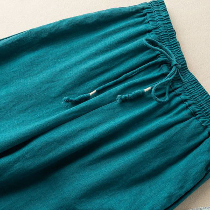 Buddha Stonesカジュアル刺繍 ボヘミアン柄 ドローストリング コットンリネン レディース ワイドレッグパンツ ポケット付き - image 6