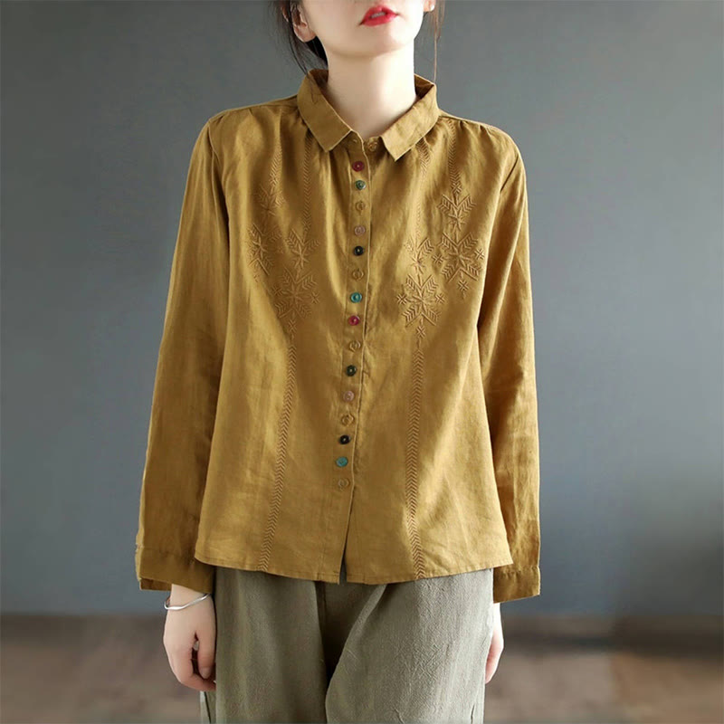 Buddha Stonesの春の刺繍入り長袖カラフルボタンラベルレディースシャツ - image 2
