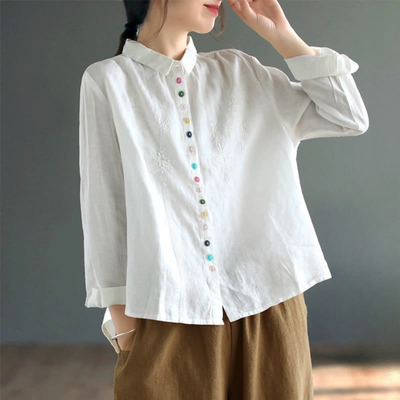Buddha Stonesの春の刺繍入り長袖カラフルボタンラベルレディースシャツ - 白 - US12、 UK/AU16、 EU44 (2XL) - image 5