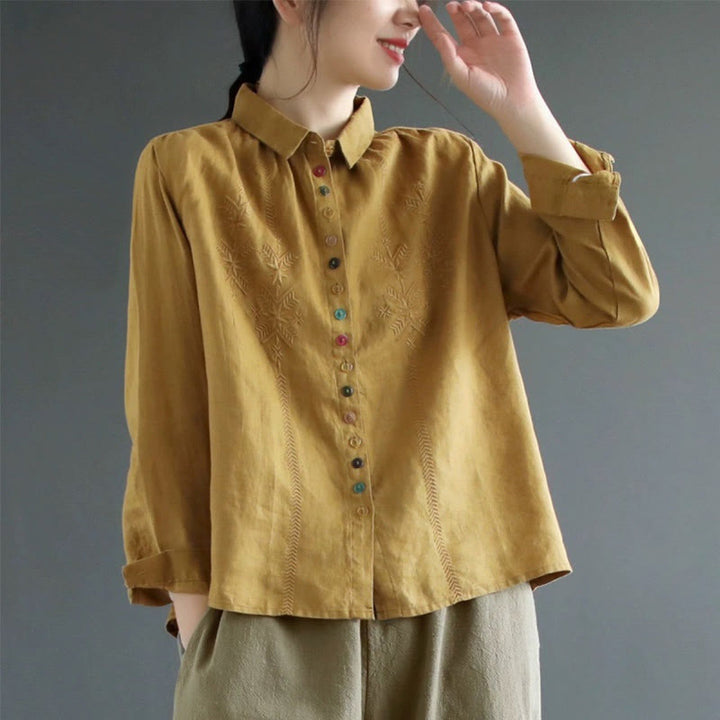 Buddha Stonesの春の刺繍入り長袖カラフルボタンラベルレディースシャツ - ダークゴールデンロッド - US12、 UK/AU16、 EU44 (2XL) - image 0