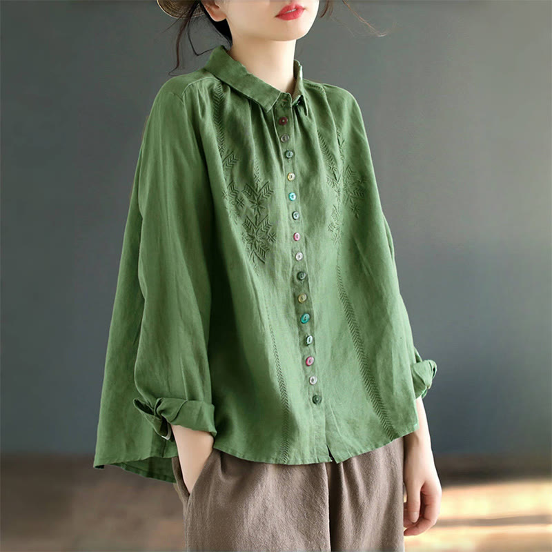 Buddha Stonesの春の刺繍入り長袖カラフルボタンラベルレディースシャツ - image 11