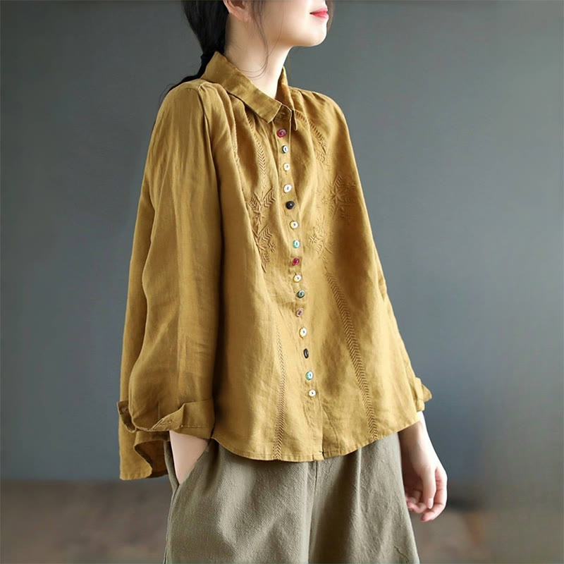 Buddha Stonesの春の刺繍入り長袖カラフルボタンラベルレディースシャツ - image 1