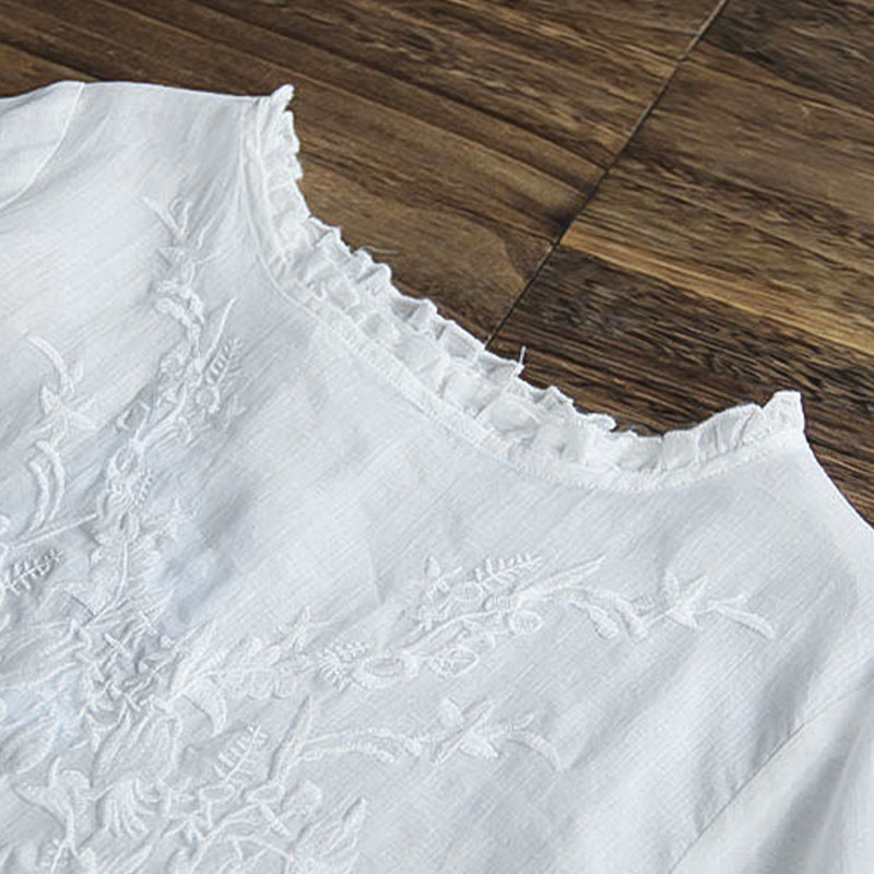 Buddha Stonesカジュアル 刺繍 ハーフパフスリーブ フリル クルーネック コットンリネン レディース Tシャツ - image 2