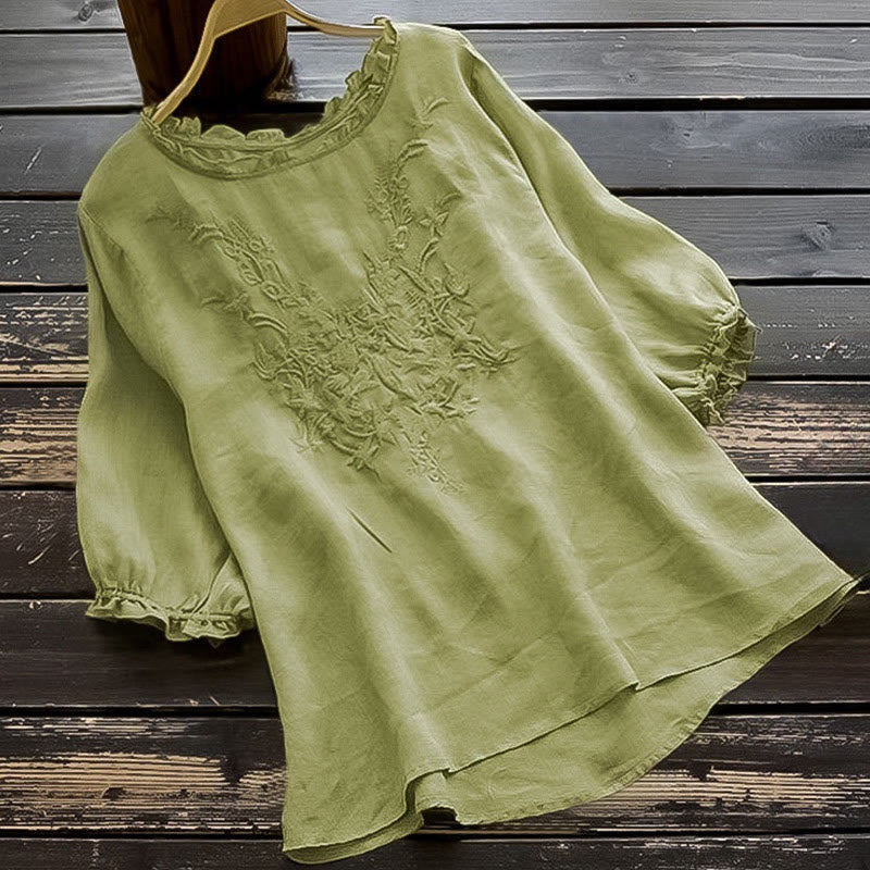Buddha Stonesカジュアル 刺繍 ハーフパフスリーブ フリル クルーネック コットンリネン レディース Tシャツ - ライトグリーン - US14、 UK/AU18、 EU46 (4XL) - image 0