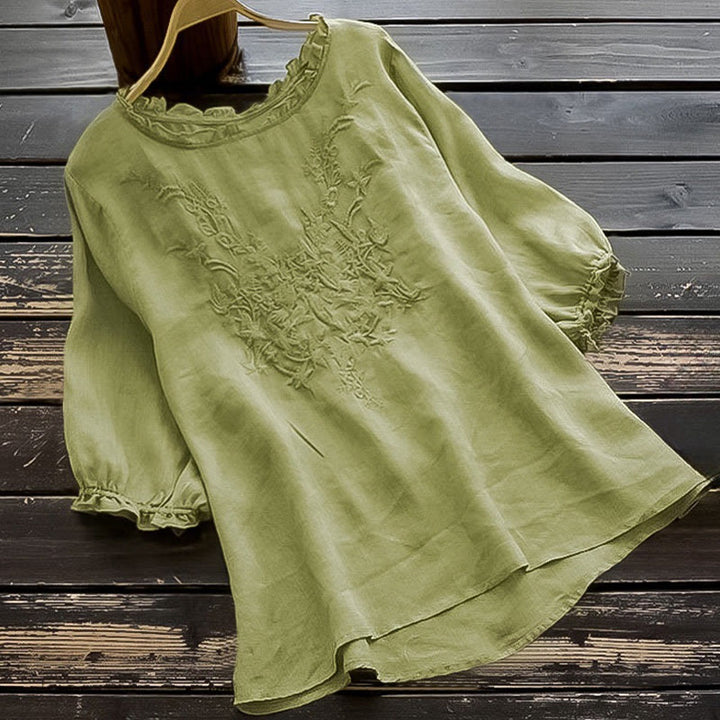 Buddha Stonesカジュアル 刺繍 ハーフパフスリーブ フリル クルーネック コットンリネン レディース Tシャツ - ライトグリーン - US14、 UK/AU18、 EU46 (4XL) - image 0