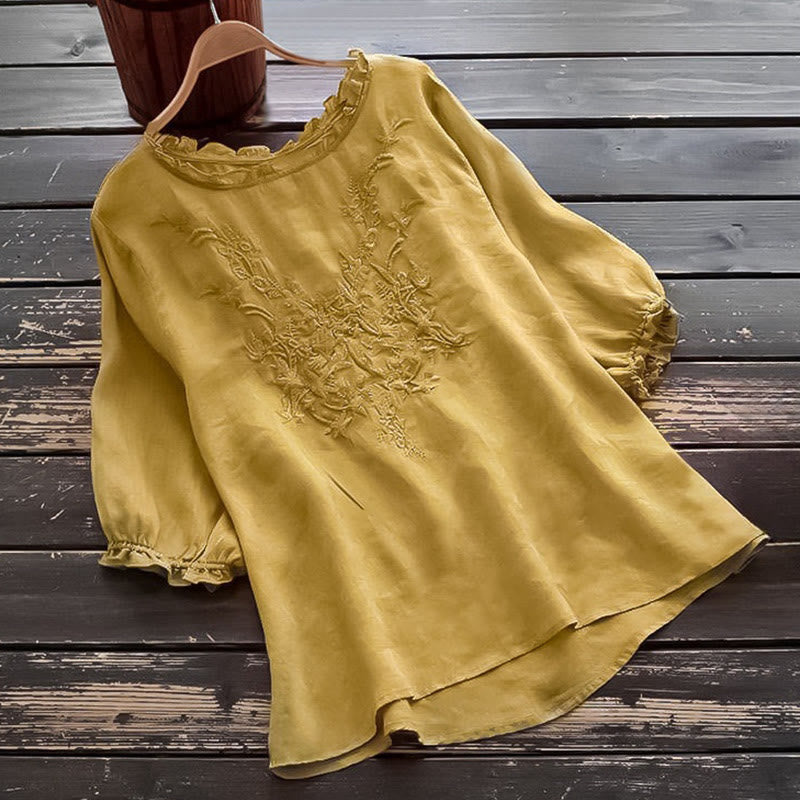 Buddha Stonesカジュアル 刺繍 ハーフパフスリーブ フリル クルーネック コットンリネン レディース Tシャツ - 金 - US14、 UK/AU18、 EU46 (4XL) - image 12