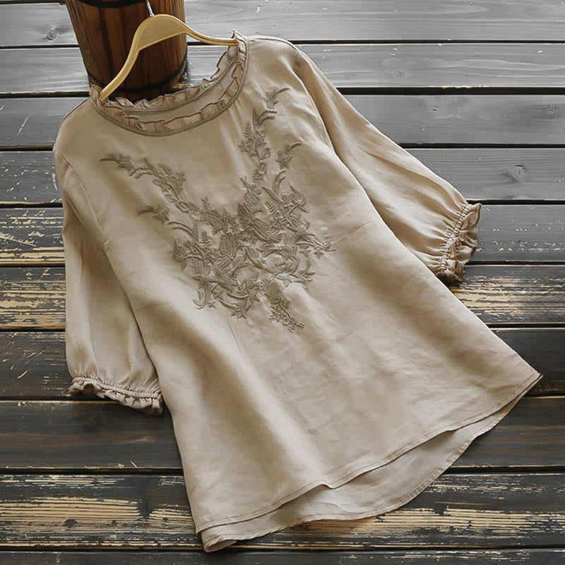 Buddha Stonesカジュアル 刺繍 ハーフパフスリーブ フリル クルーネック コットンリネン レディース Tシャツ - タン - US14、 UK/AU18、 EU46 (4XL) - image 8