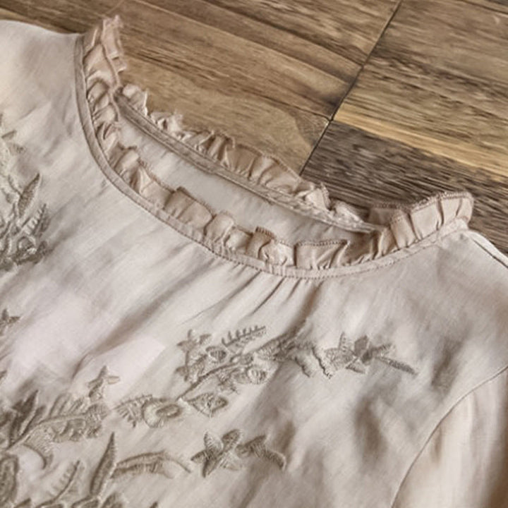 Buddha Stonesカジュアル 刺繍 ハーフパフスリーブ フリル クルーネック コットンリネン レディース Tシャツ - image 9