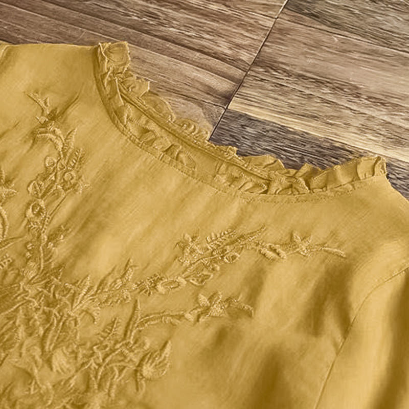 Buddha Stonesカジュアル 刺繍 ハーフパフスリーブ フリル クルーネック コットンリネン レディース Tシャツ - image 13