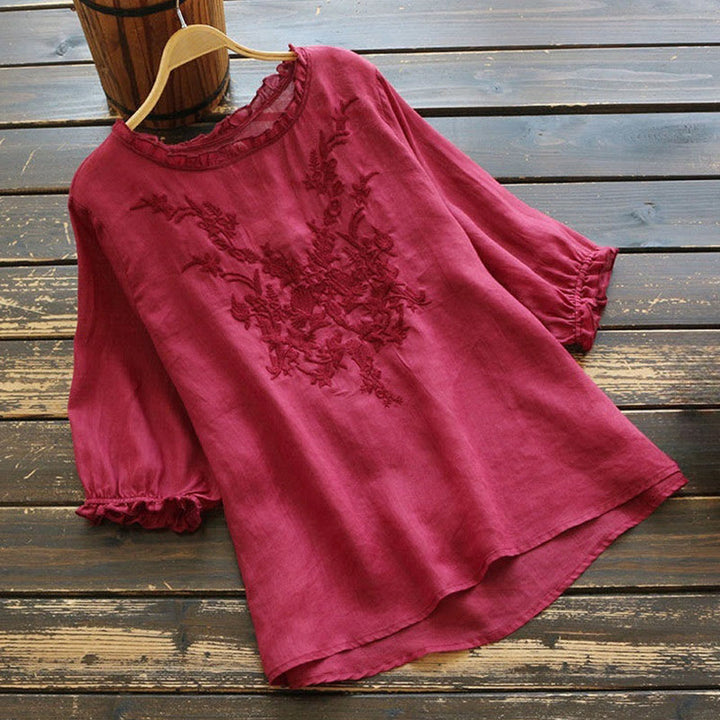 Buddha Stonesカジュアル 刺繍 ハーフパフスリーブ フリル クルーネック コットンリネン レディース Tシャツ - ミディアムバイオレットレッド - US14、 UK/AU18、 EU46 (4XL) - image 4