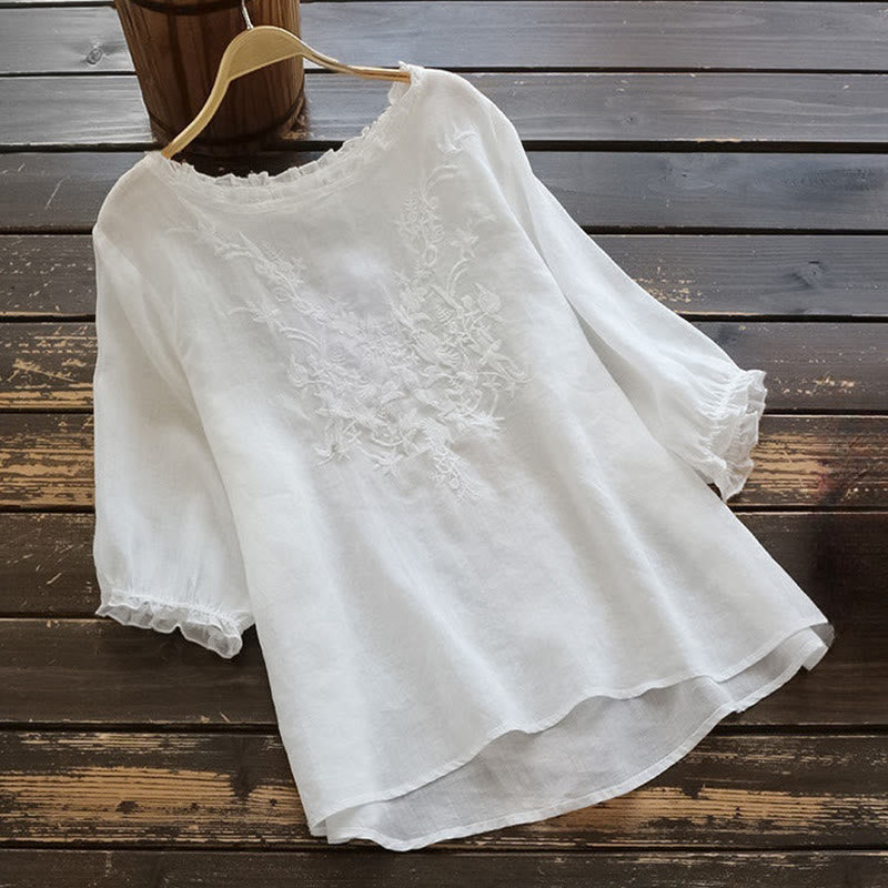 Buddha Stonesカジュアル 刺繍 ハーフパフスリーブ フリル クルーネック コットンリネン レディース Tシャツ - 雪 - US14、 UK/AU18、 EU46 (4XL) - image 1