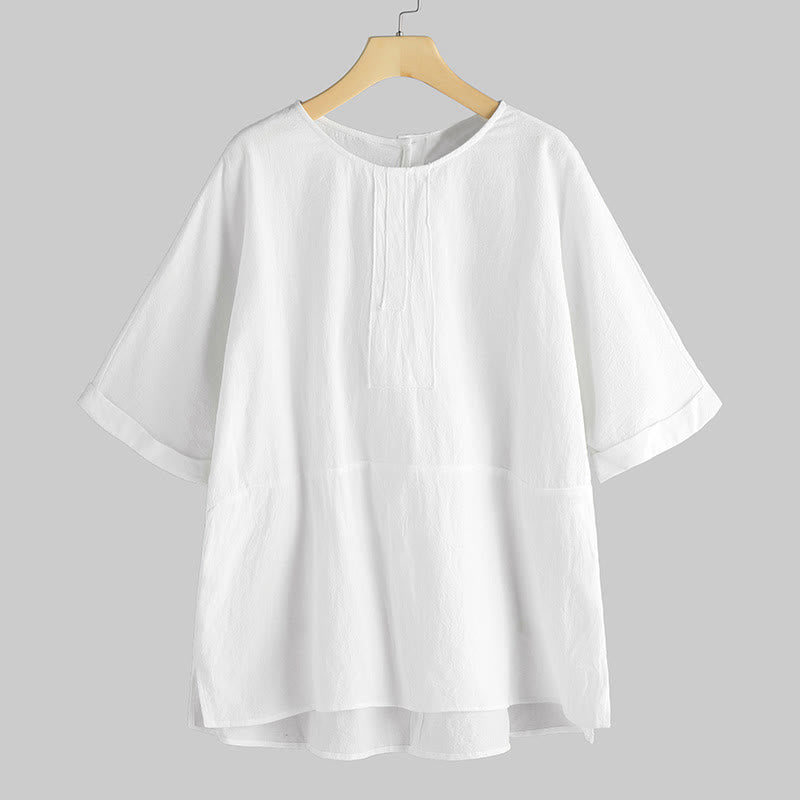 Buddha Stonesサマーカジュアル 無地 半袖 クルーネック サイドスリット レディース Tシャツ - フローラルホワイト - US20、 UK/AU24、 EU52 (5XL) - image 0