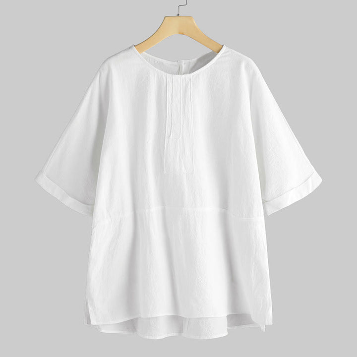 Buddha Stonesサマーカジュアル 無地 半袖 クルーネック サイドスリット レディース Tシャツ - フローラルホワイト - US20、 UK/AU24、 EU52 (5XL) - image 0