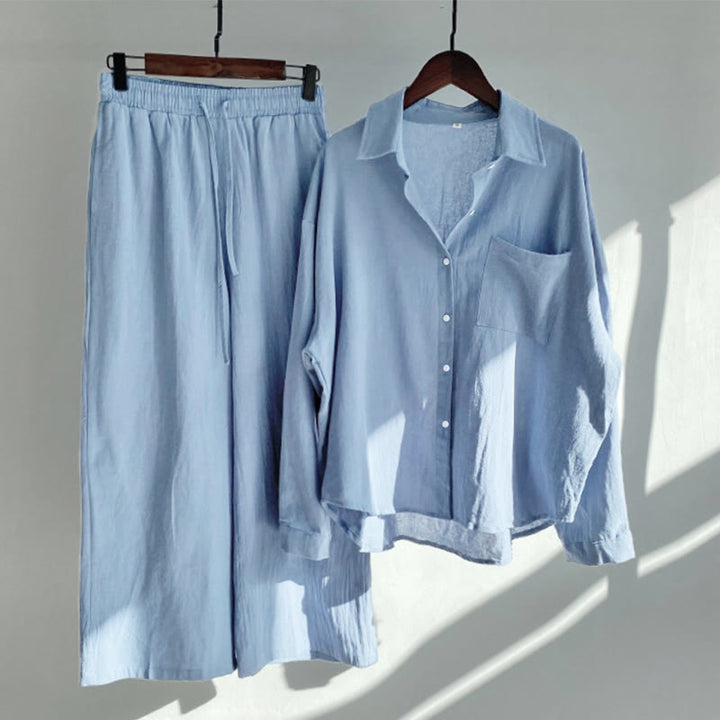 Buddha Stones 2点セット 長袖シャツ ポケット付きトップス ドローストリングパンツ 瞑想用コットンリネン服 レディース セット - ライトスチールブルー - US20、 UK/AU24、 EU52 (5XL) - image 5