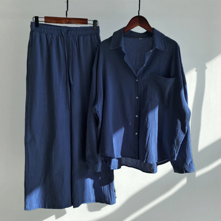 Buddha Stones 2点セット 長袖シャツ ポケット付きトップス ドローストリングパンツ 瞑想用コットンリネン服 レディース セット - ダークブルー - US20、 UK/AU24、 EU52 (5XL) - image 6