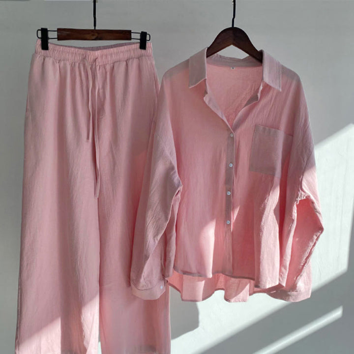 Buddha Stones 2点セット 長袖シャツ ポケット付きトップス ドローストリングパンツ 瞑想用コットンリネン服 レディース セット - ライトピンク - US20、 UK/AU24、 EU52 (5XL) - image 2