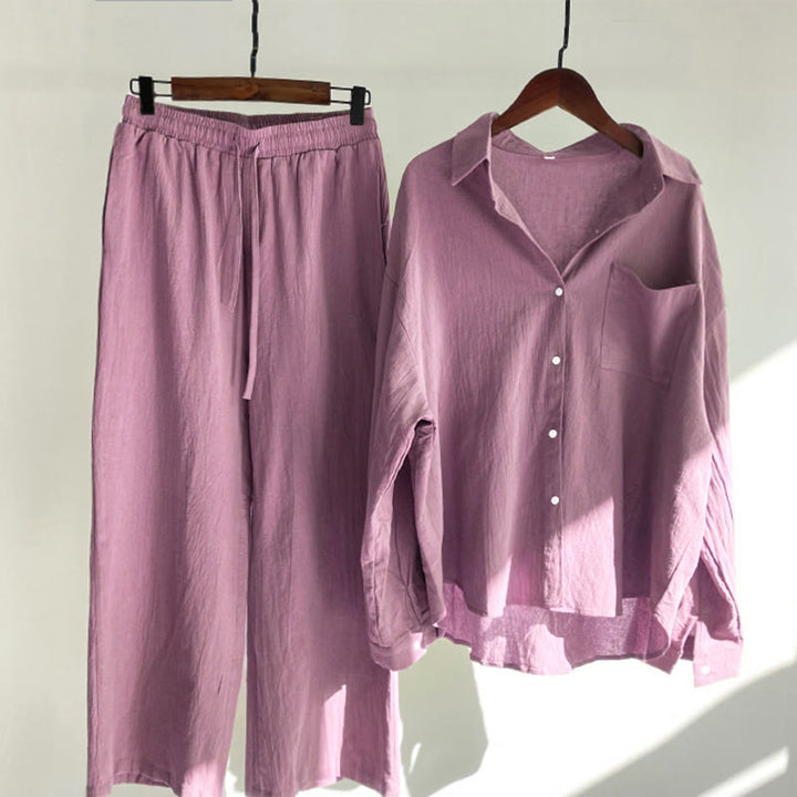 Buddha Stones 2点セット 長袖シャツ ポケット付きトップス ドローストリングパンツ 瞑想用コットンリネン服 レディース セット - ペールバイオレットレッド - US20、 UK/AU24、 EU52 (5XL) - image 13