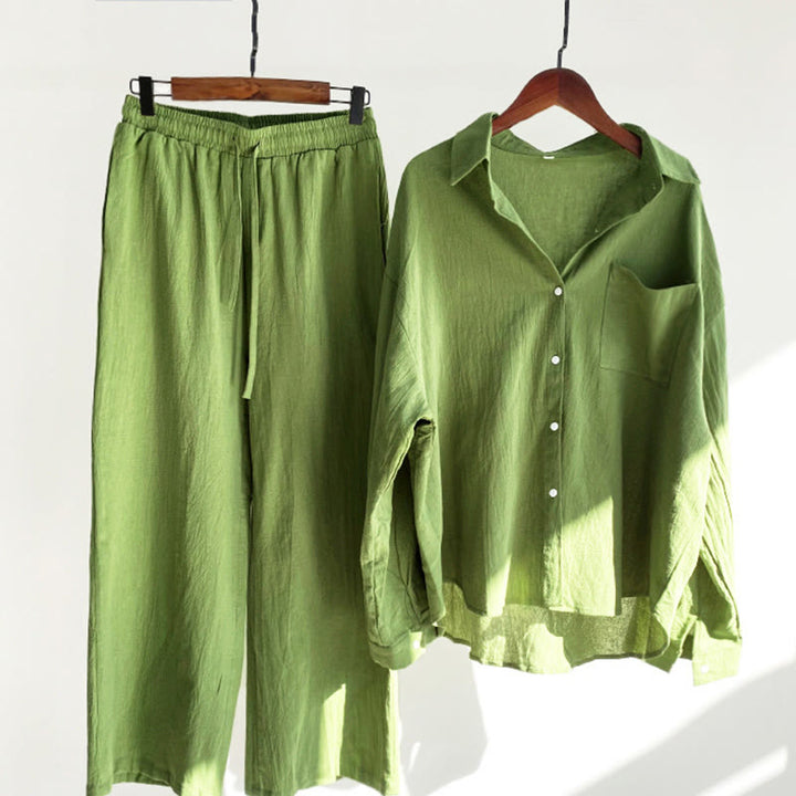 Buddha Stones 2点セット 長袖シャツ ポケット付きトップス ドローストリングパンツ 瞑想用コットンリネン服 レディース セット - ライムグリーン - US20、 UK/AU24、 EU52 (5XL) - image 0