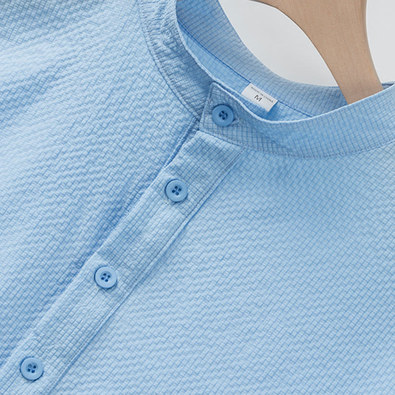 Buddha Stones無地ポロ チェック柄 ハーフボタン メンズ 半袖シャツ - image 3