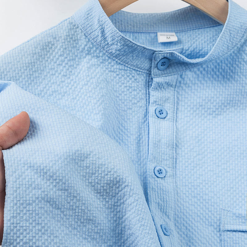 Buddha Stones無地ポロ チェック柄 ハーフボタン メンズ 半袖シャツ - image 5