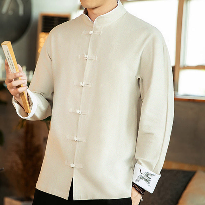 Buddha Stones唐装カエルボタン鶴刺繍長袖コットンメンズシャツ - image 12