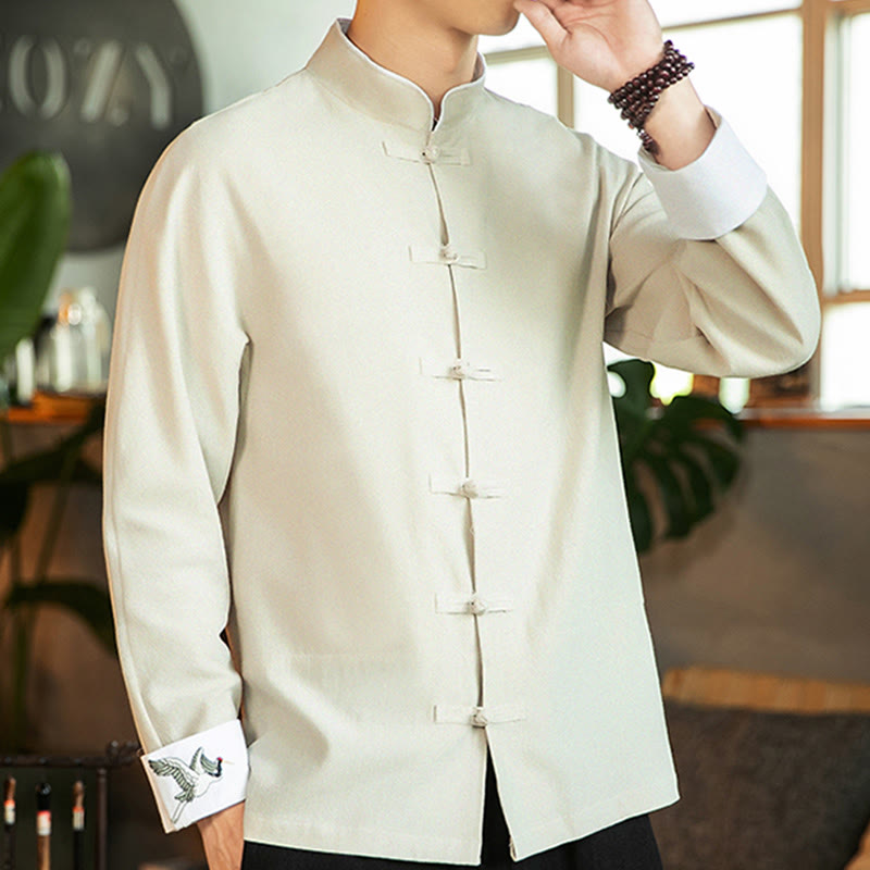 Buddha Stones唐装カエルボタン鶴刺繍長袖コットンメンズシャツ - image 11