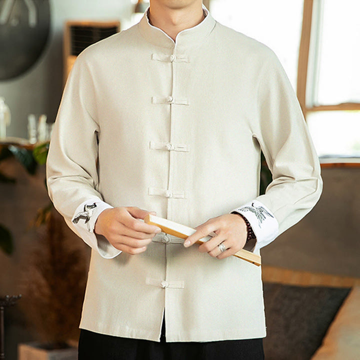 Buddha Stones唐装カエルボタン鶴刺繍長袖コットンメンズシャツ - image 9
