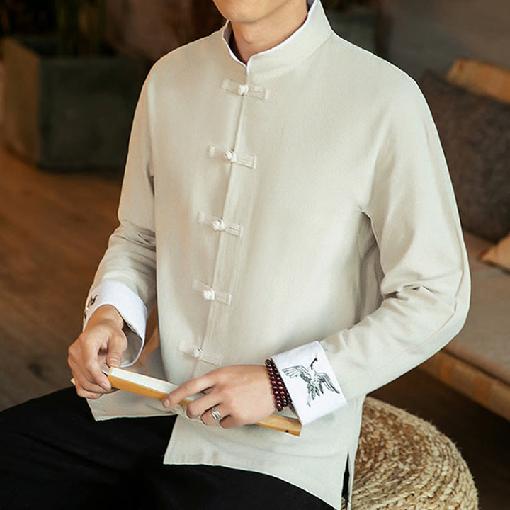 Buddha Stones唐装カエルボタン鶴刺繍長袖コットンメンズシャツ - image 13