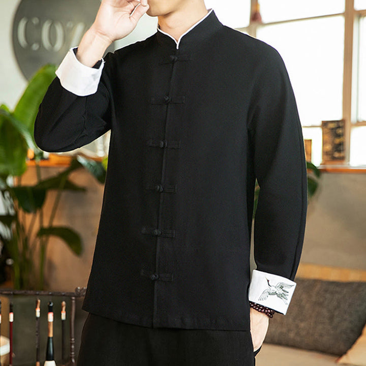 Buddha Stones唐装カエルボタン鶴刺繍長袖コットンメンズシャツ - image 17